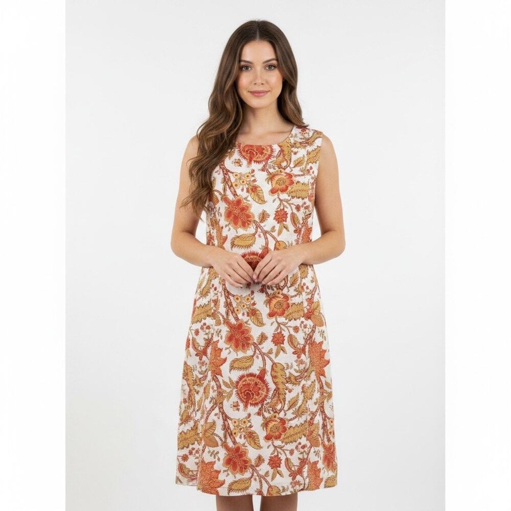 Vintage ViaVai Orange Floral Linen Shift Dress Sleeveless Cottagecore Small